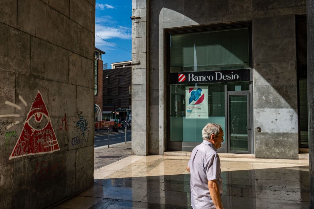 A Banco di Desio e della Brianza bank branch in Brescia, Italy. Italian bank shares regained some ground on Wednesday after the government backtracked on its surprise windfall levy on the sector. Photograph: Francesca Volpi/Bloomberg