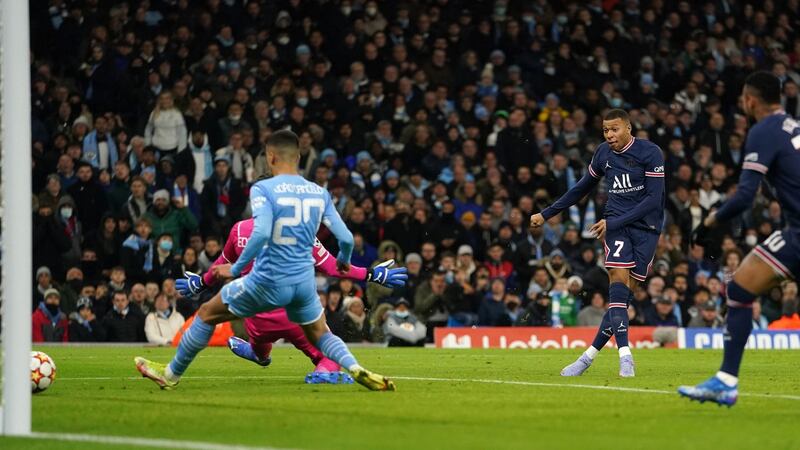 Kylian Mbappe opens the scoring for PSG against Man City. Photograph: Martin Rickett/PA