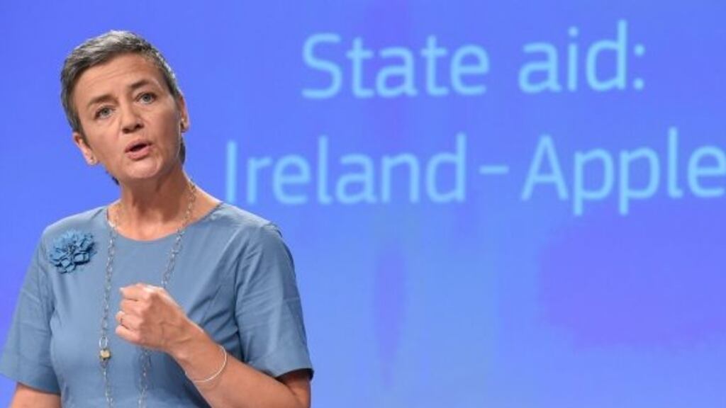 European Commissioner for Competition Margrethe Vestager talks as she gives a press conference to order Apple to pay €13bn in back taxes, in Brussels. Photograph: John Thys/AFP/Getty Images
