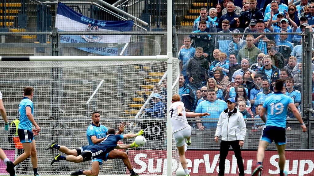 Dublin’s Stephen Cluxton saves a shot from Keith Cribbin of Kildare during the Leinster semi-final at Croke Park. Photograph: Ryan Byrne/Inpho