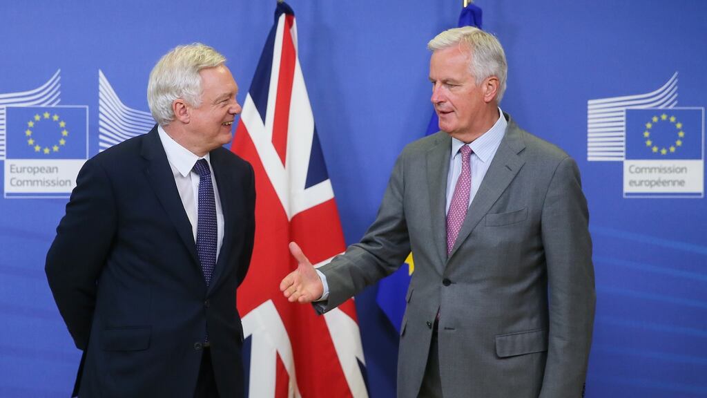 British secretary of state for exiting the European Union David Davis and European chief Brexit negotiator Michel Barnier. Photograph: Stephanie LeCocq/EPA