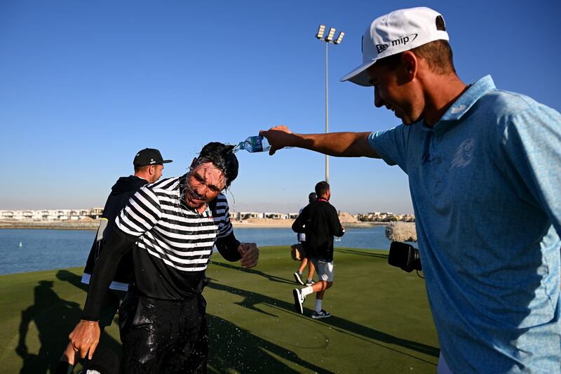 Alejandro del Rey of Spain celebrates his victory at the Ras Al Khaimah Championship at Al Hamra Golf Club. Photograph: Ross Kinnaird/Getty Images