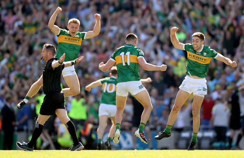 Kerry’s Killian Spillane and Adrian Spillane celebrate at the final whistle of last year's All-Ireland semi-final win over Dublin. Photograph: James Crombie/Inpho