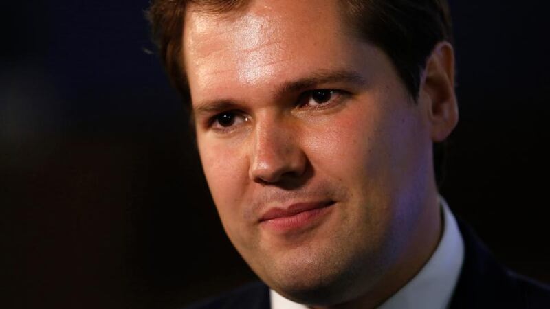 Conservative party byelection winner Robert Jenrick gives a television interview after the result of the Newark byelection was announced at Kelham Hall this morning. Photograph: Luke MacGregor/Reuters.