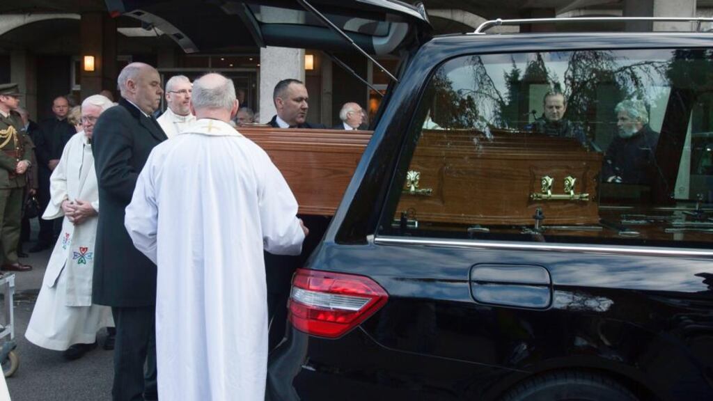 The reamins of Fr Alec Reid during his funeral Mass at the Marianella Chapel Orwel Road, Dublin. Photograph: Gareth Chaney/Collins