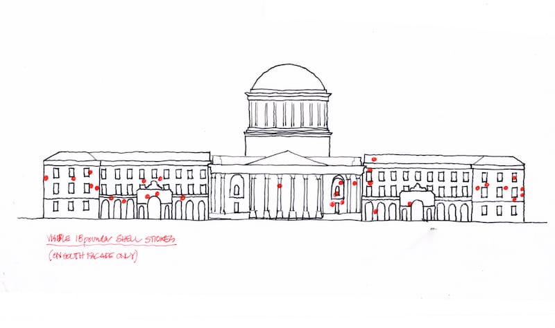 Visible shell strikes on the south facade of the Fourt Courts