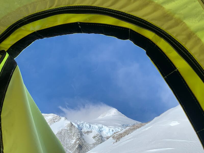 A view of Mount Vinson summit from inside the relative warmth of the sleeping bag.