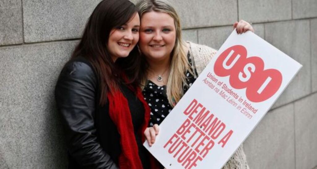 Student Amée Dunne (left) and her fiancé Kathryn Nea at the launch of USI campaign: “We have an opportunity to protect our children, who are being bullied for being attracted to someone of the same gender. It’s not right and it’s not fair and it’s not equal.” Photograph: Conor McCabe Photography.