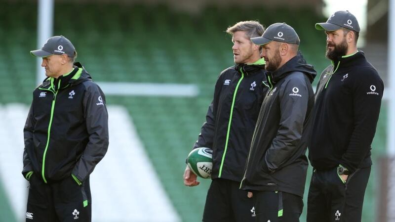 Schmidt and Ireland coaching team members Simon Easterby, Greg Feek and Andy Farrell. Photograph: Inpho/Dan Sheridan