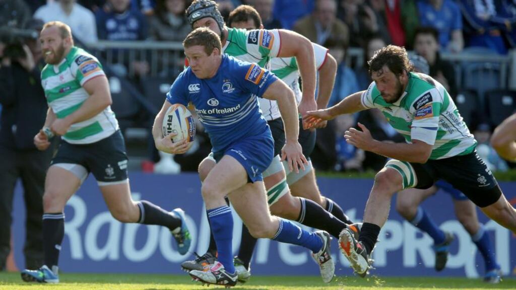 Leinster’s Seán Cronin charges over for a try in last night’s game at the RDS. Photograph: Dan Sheridan/Inpho