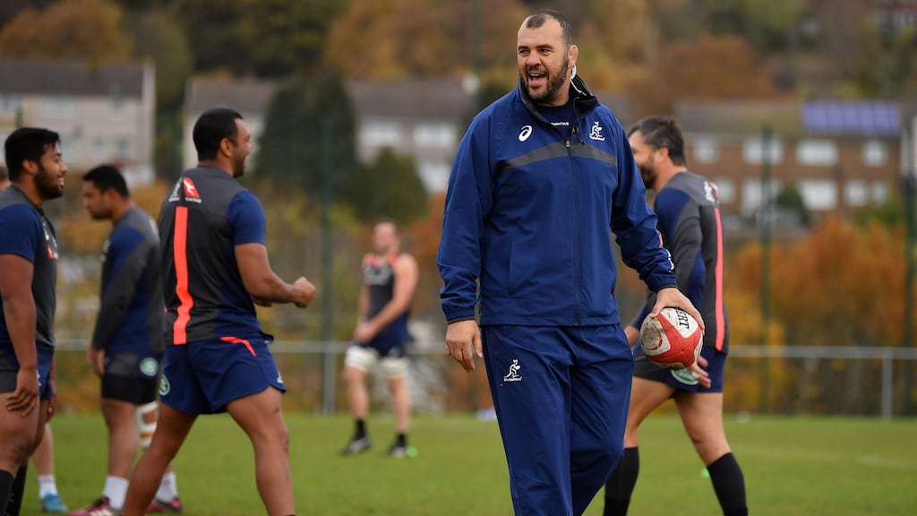Australia head coach Michael Cheika looks on during a training session in Newport, Wales. Photograph: by Dan Mullan/Getty Images