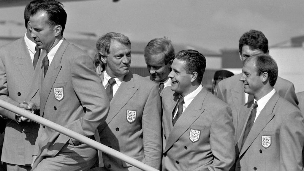 England manager Bobby Robson with Paul Gascoigne and other members of the squad leaving Luton to fly to Italy for the World Cup in 1990. Photograph: Michael Stephens/PA Wire