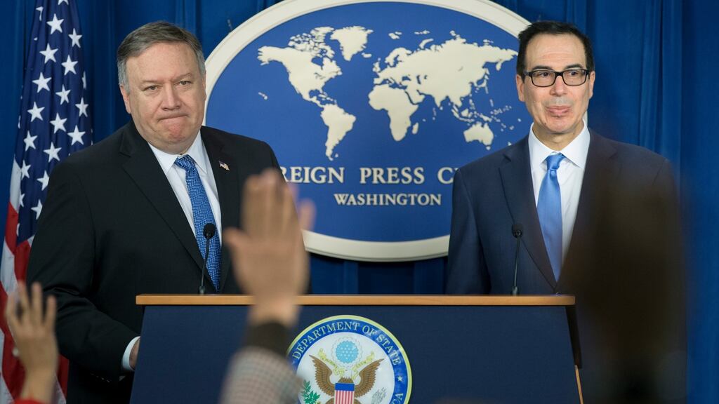 US secretary of state Mike Pompeo  and US treasury secretary Steven Mnuchin announcing sanctions against Iran in Washington on Monday. Photograph:  Michael Reynolds/EPA