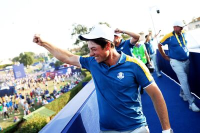 Viktor Hovland celebrates his singles win over Collin Morikawa in Rome. Photograph: Naomi Baker/Getty Images