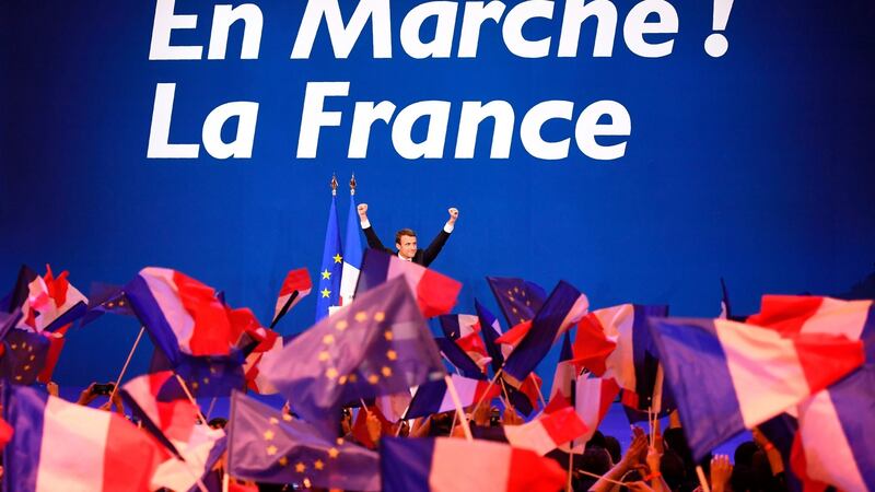 French presidential election candidate Emmanuel Macron celebrates on stage in Paris after the first round of the French presidential election. Photograph: Getty Images