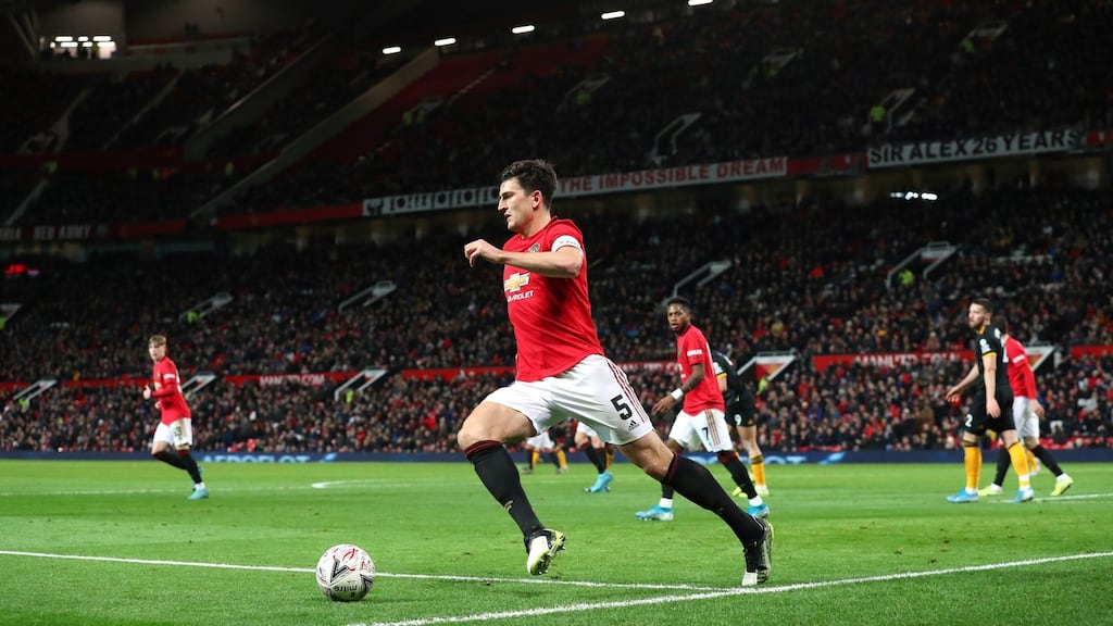 Harry Maguire of Manchester United  during their FA Cup Third Round Replay victory over Wolverhampton  at Old Trafford on Wednesday. Photograph: Alex Livesey/Getty Images
