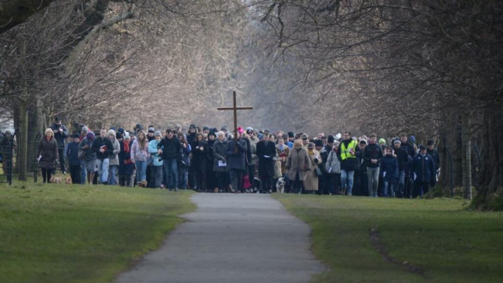 People take part in the Easter procession in the Phoenix Park led by Archbishop Diarmuid Martin. Photograph: Cyril Byrne/The Irish Times