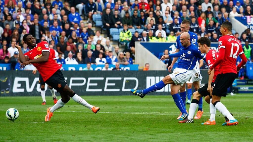 Esteban Cambiasso scores Leicester City’s third goal during the Premier League match against Manchester United at The King Power Stadium. Photograpgh: Clive Rose/Getty Images