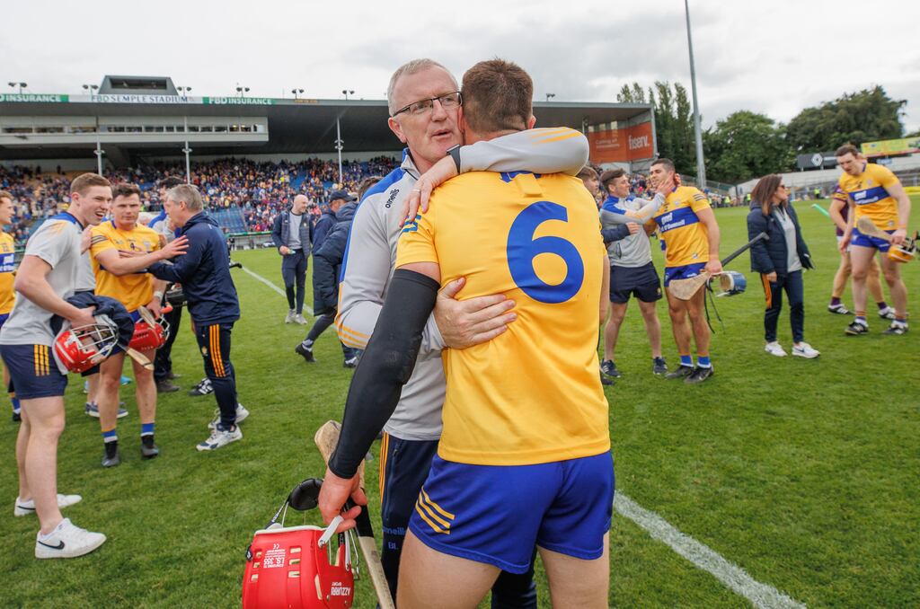 Brian Lohan congratulates Clare's John Conlan following the All-Ireland quarter-final victory over Wexford at  FBD Semple Stadium. Photograph: James Crombie/Inpho