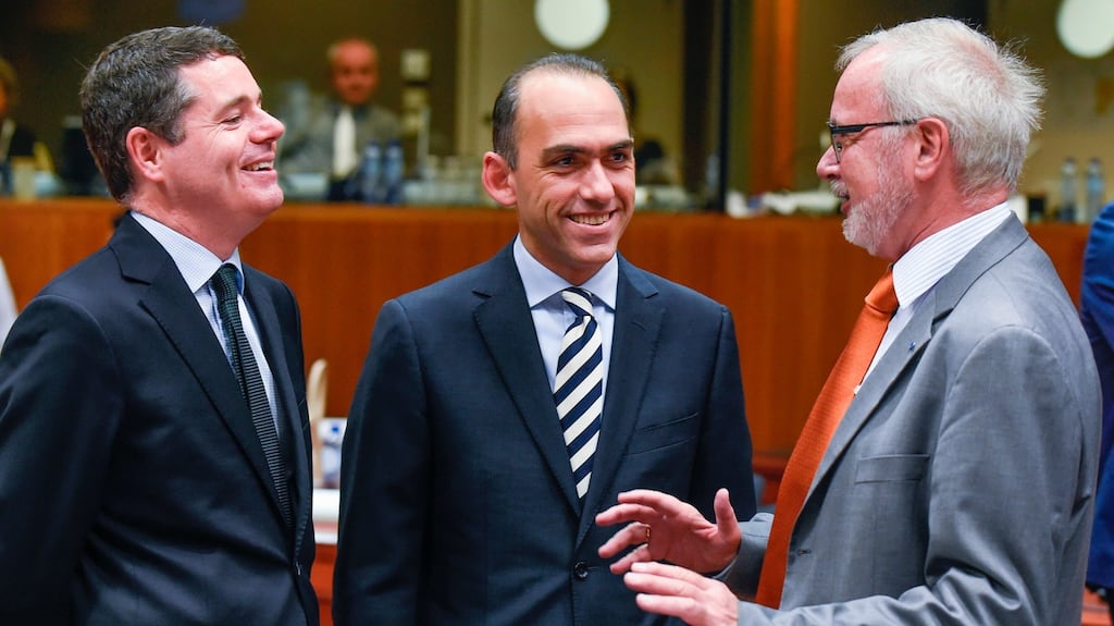 Ireland’s finance minister Paschal Donohoe talks with Cypriot finance minister Harris Georgiades and president of the European Investment Bank Werner Hoyer. Photograph: John Thys/AFP/Getty Images