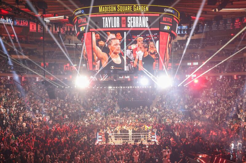 The crowd reacts as Katie Taylor is declared the winner of her third fight against Amanda Serrano, at New York's Madison Square Garden. Photograph: Sarah Yenesel/EPA