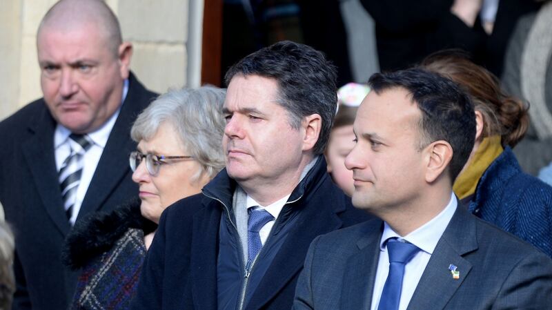 From left to right: Katherine Zappone, Paschal Donohoe and Leo Varadkar at the funeral. Photograph: Alan Betson/The Irish Times
