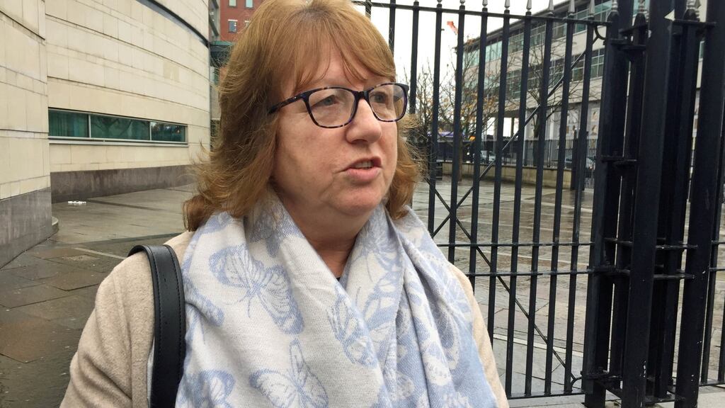 Briege Voyle, the daughter of a mother of eight killed in shootings involving British soldiers, outside the coroner’s court in Belfast. Photograph: David Young/PA Wire