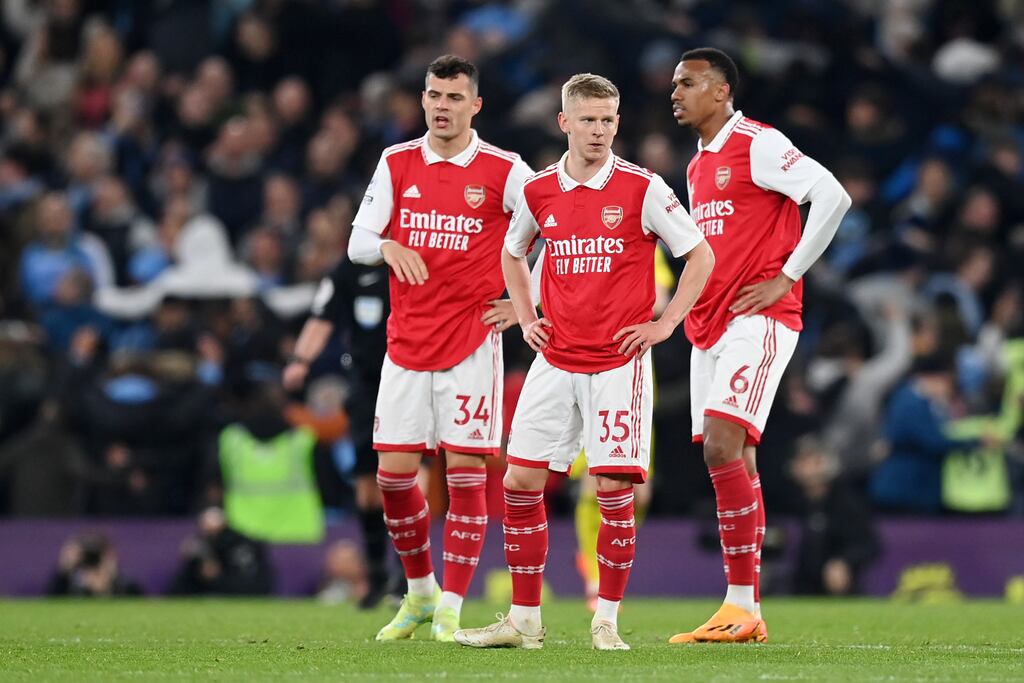 Oleksandr Zinchenko reacts after Manchester City scored their third goal of the game at the Etihad Stadium on Wednesday night. Photograph: Michael Regan/Getty Images