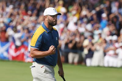 Jon Rahm during his halved singles match with Scottie Scheffler in Rome. Photograph: Patrick Smith/Getty Images