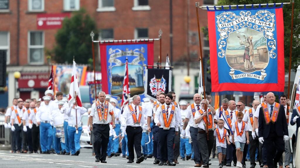 Bandsmen and Orange order members take part in the annual Twelfth of July celebrations in Belfast city centre on Thursday. Photograph: Niall Carson/PA Wire
