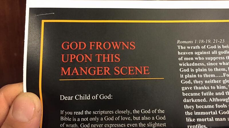 A local religious group placed a leaflet at the nativity scene. Photograph: Jasen and Amanda Dixon/Zombie nativity scene/Facebook