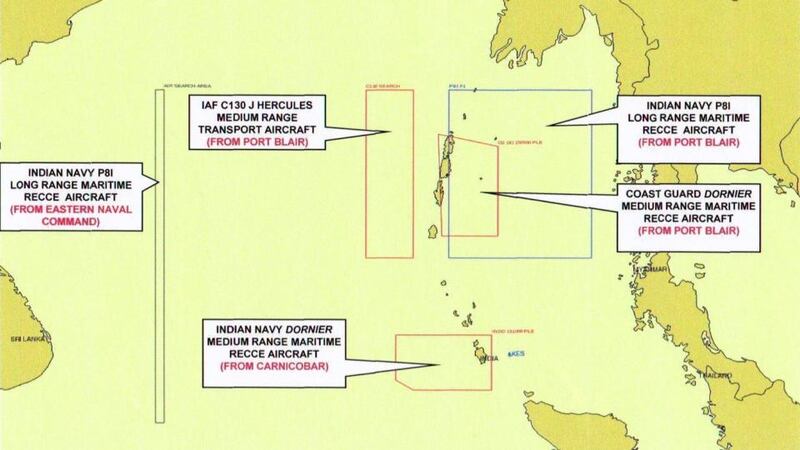 A handout map provided by the Indian Navy today, showing the search area for the missing Malaysian airlines flight MH370 near the Andaman Nicobar islands, India. India has further intensified its search efforts for the missing Malaysian Airlines MH 370 with additional naval and air assets being deployed for searching an expanded area in the Central and East Bay of Bengal.