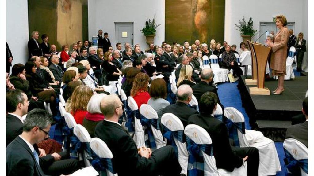 People at the forum hosted by President McAleese entitled Resilience in Tough Times - Civic Society's Response, at Aras an Uachtarain yesterday. Speakers included NUI Maynooth vice-president Tom Collins, Civil Defence board director general Bill Smith, and head of Social Entrepreneurs Ireland Sean Coughlan.