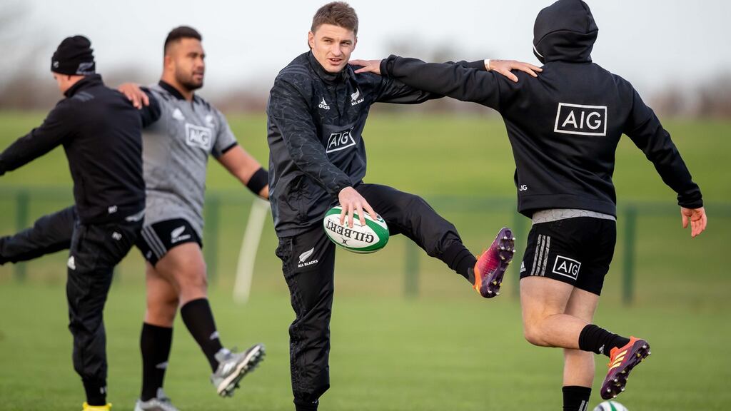 New Zealand ’s Beauden Barrett during training on Tuesday at the National Sports Campus, Blanchardstown. Photograph:  Morgan Treacy/Inpho