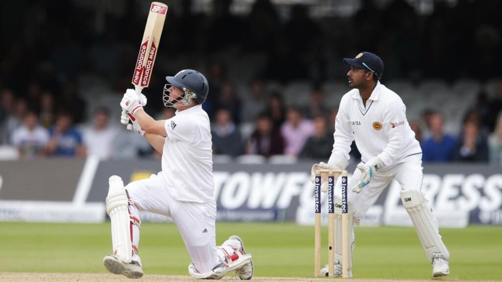Gary Ballance of England hits a six to bring up his Test century on day four of the first Test against Sri Lanka at Lord’s . Photograph: Tom Shaw/Getty Images