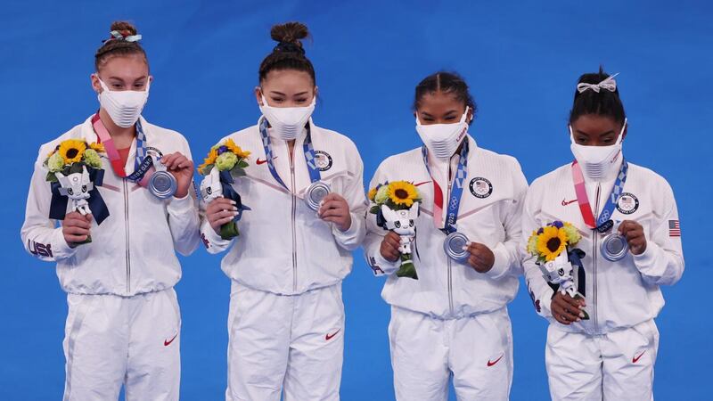 Simone Biles with USA team-mates Grace McCallum, Sunisa Lee and  Jordan Chiles after they won silver in the team final. Photograph: Jamie Squire/Getty Images
