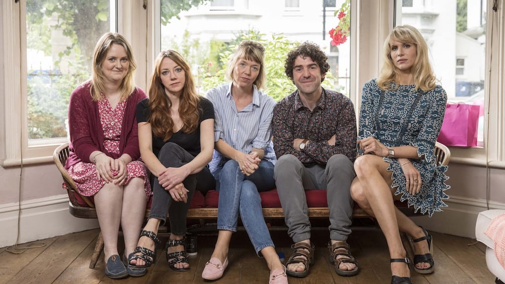 From left, Philippa Dunne, Diane Morgan, Anna Maxwell-Martin, Paul Ready and Lucy Punch in Motherland. Photograph: Colin Hutton