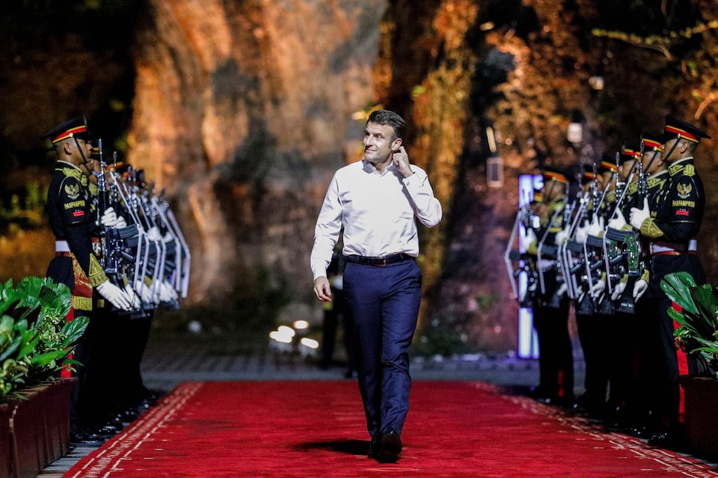 French president Emmanuel Macron arrives at the welcoming dinner during the G20 Summit in Badung, Bali. During a meeting with Mr Macron, China’s President Xi Jinping called for a ceasefire and peace talks between Ukraine and Russia. Photograph: Willy Kurniawan/Getty Images