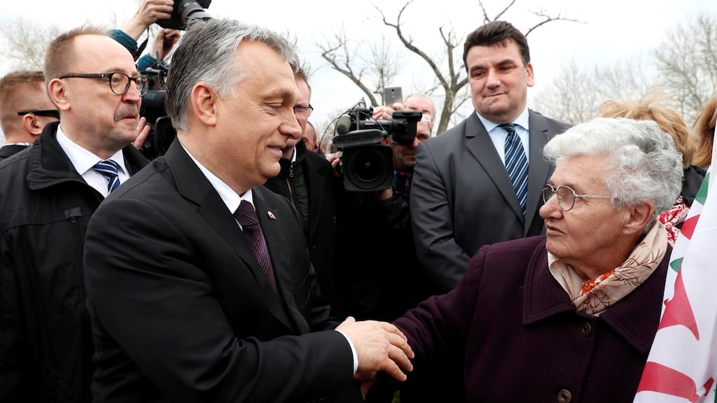 Hungarian prime minister Viktor Orban after the consecration of a statue in memory of Smolensk plane crash victims, in Budapest, on Friday. Photograph: Bernadett Szabo/Reuters
