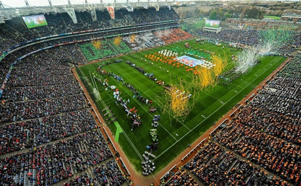 A view of the Laochra entertainment performance after the Allianz Football League Final at Croke Park yesterday. Photograph: : Ramsey Cardy/Sportsfile