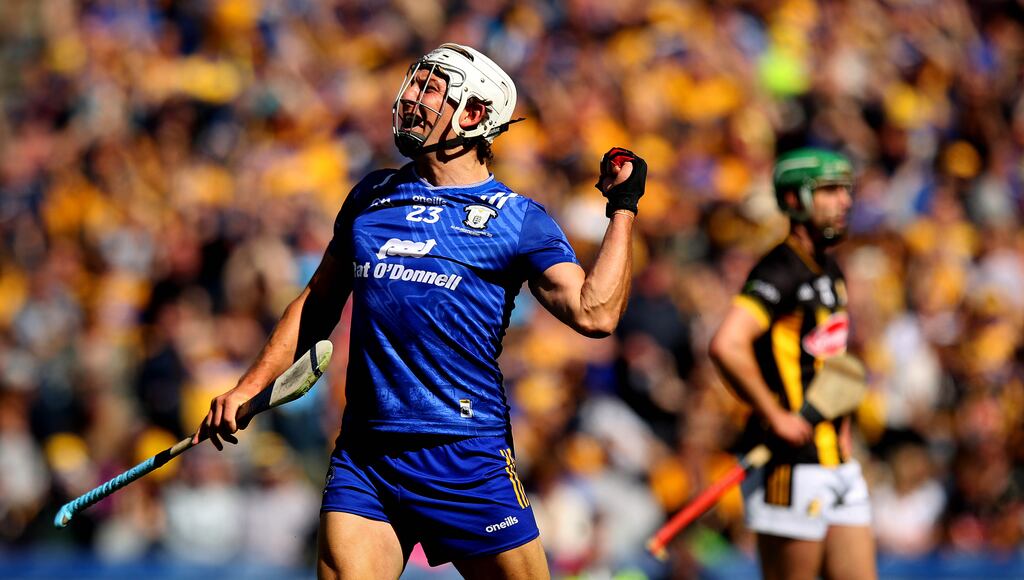 Clare’s Aron Shanagher celebrates at the final whistle after the victory over Kilkenny in the All-Ireland SHC semi-final at Croke Park. Photograph: Ryan Byrne/Inpho
