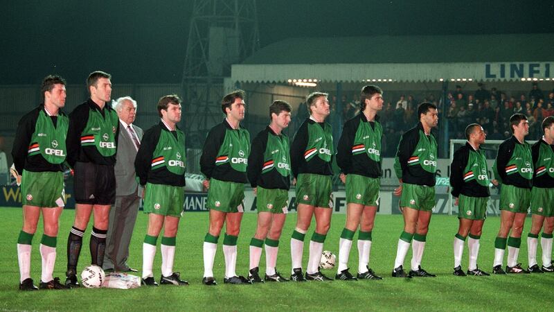 The Republic of Ireland team before kick off. Photograph: Inpho/Billy Stickland