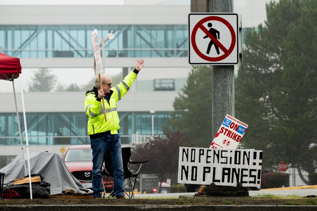 A Boeing employee on the picket line outside the company’s facility in Everett, Washington state, earlier this month. Photograph: Chona Kasinger/The New York Times