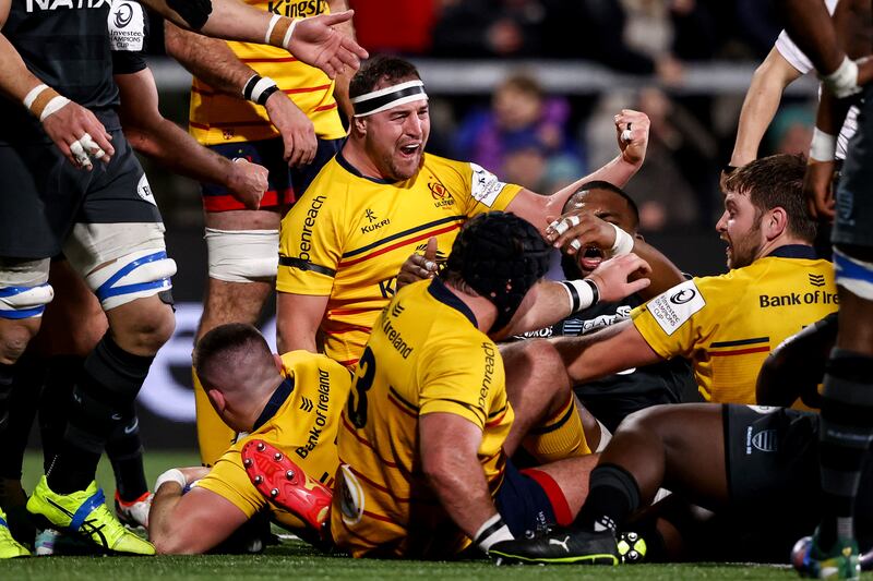 Ulster's Rob Herring celebrates after Nick Timoney scores his side's fourth try against Racing 92 at Kingspan Stadium. Herring misses the Connacht game due to injury. Photograph: Ben Brady/Inpho