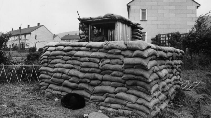 A British Army installation in the grounds of a Presbyterian church in the Ballymurphy area of Belfast in July 1970. Photograph: Wesley/Keystone/Getty Images