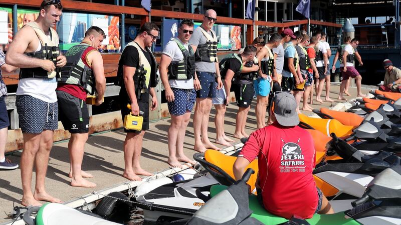 The Irish players gather before going out jet skiing ahead of their Test series with Australia. Photo: Dan Sheridan/Inpho