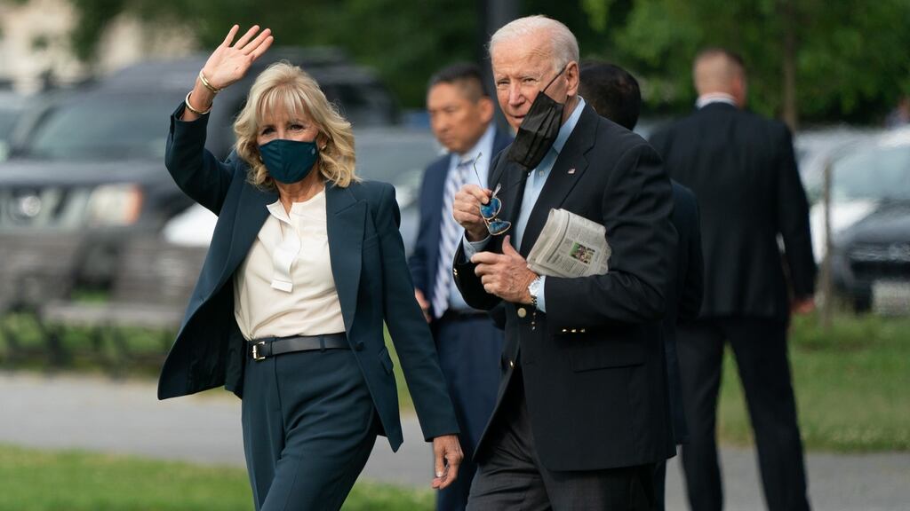 US first lady Jill Biden waves as she sets off with President Joe Biden from the White House on his first overseas trip as president. Photograph: Chris Kleponis/Bloomberg