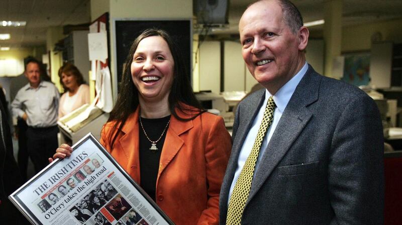 Conor O’Clery and his wife Zhanna in the newsroom of The Irish Times after a presentation to mark his retirement. Photograph: Eric Luke