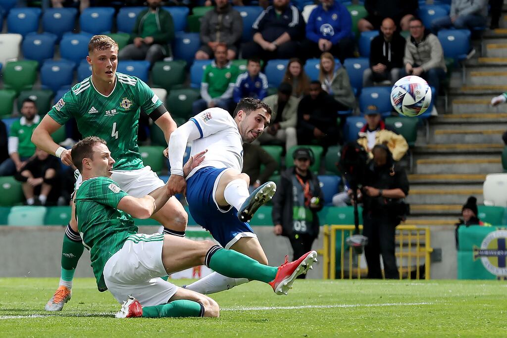 Northern Ireland’s Jonny Evans scores a late equalising goal in the Nations League game against Cyprus at Windsor Park. Photograph: Brian Little/Presseye/Brian Little