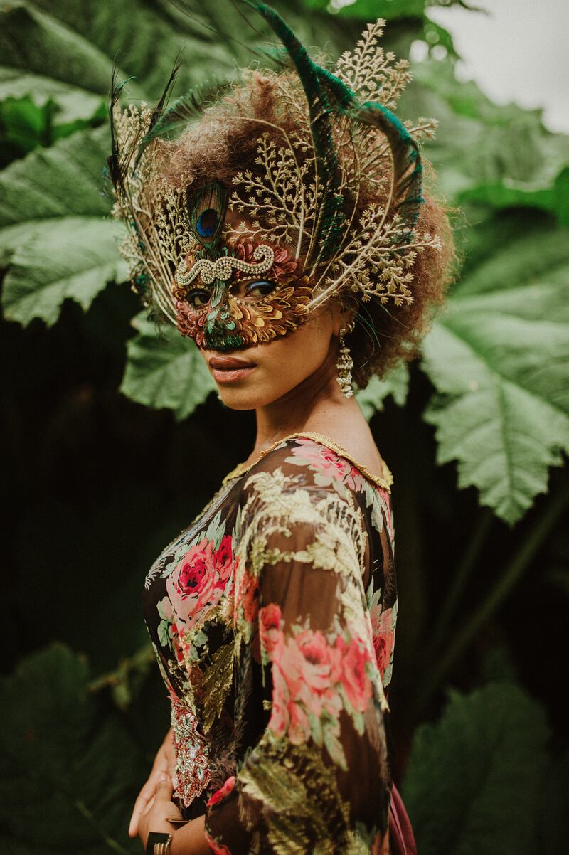 Princess Peacock mask € 258, Bed of Roses antique chiffon kaftan€ 822, Devi belt €129. Photograph: Kate Bean